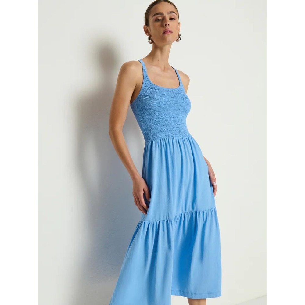 Nation LTD Penelope Smocked Midi Dress Laguna Blue Pima Cotton Tiered NWT Medium
